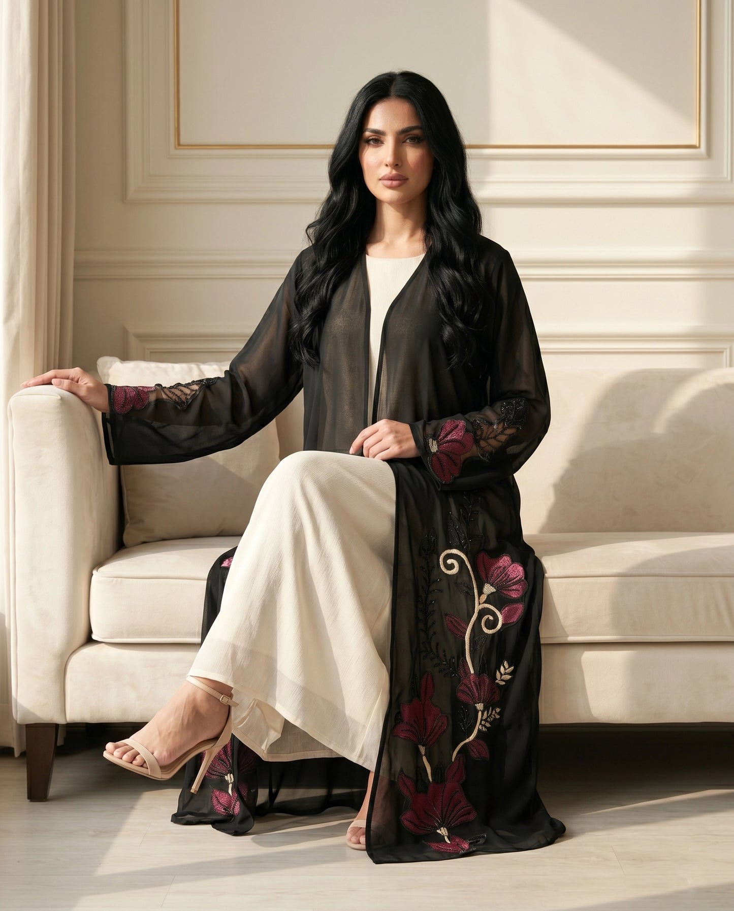 Sheer Noir Floral Chiffon Abaya