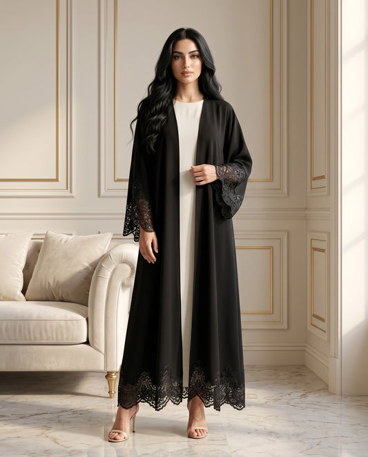 Noir Lace Elegance Korean Crepe Abaya