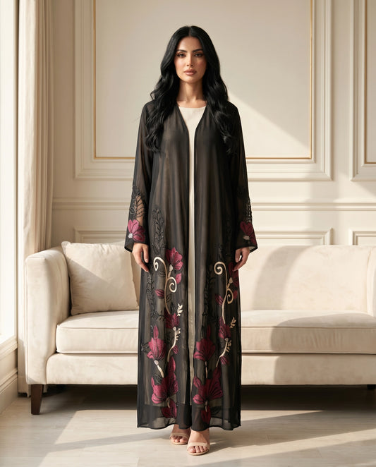 Sheer Noir Floral Chiffon Abaya