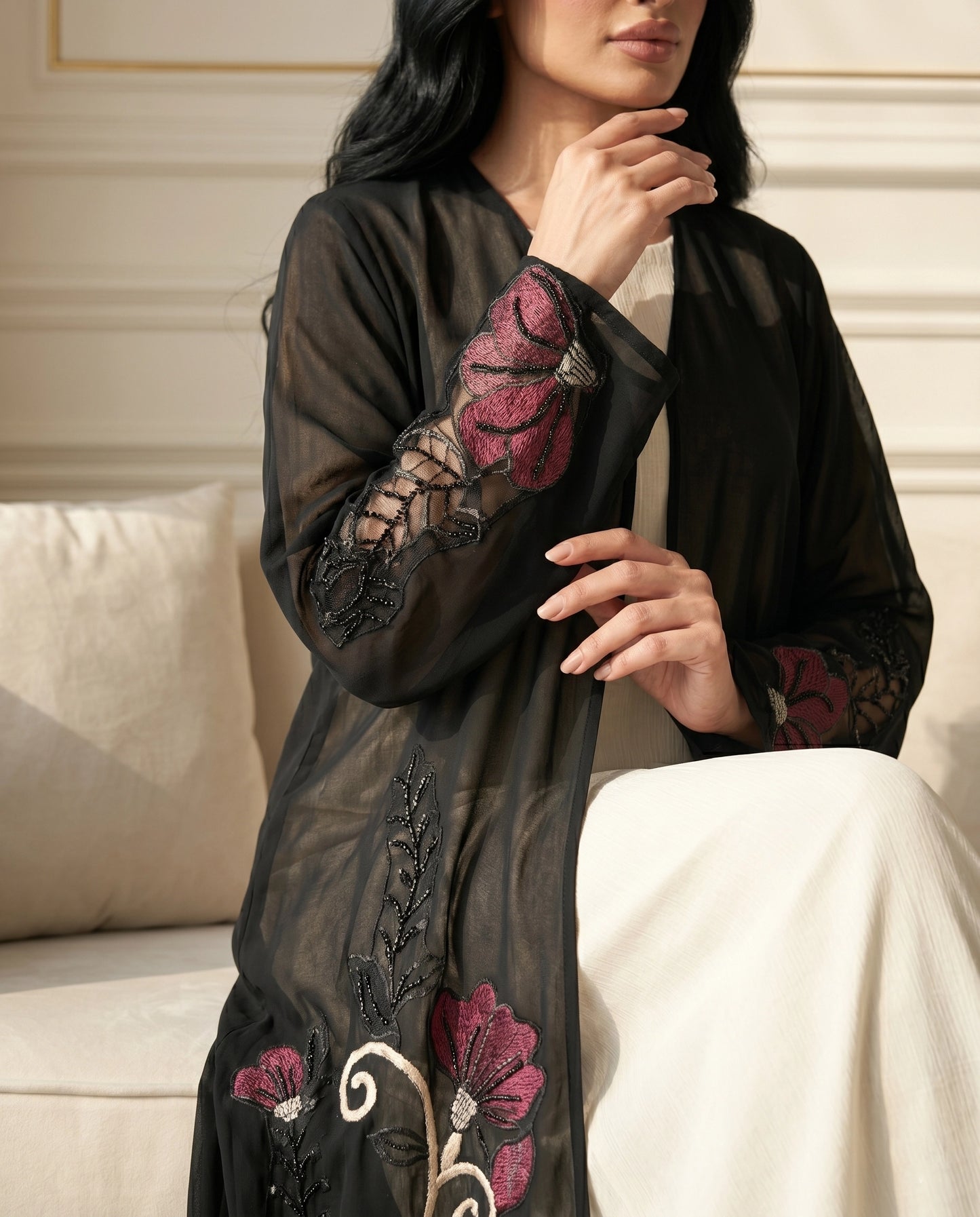 Sheer Noir Floral Chiffon Abaya