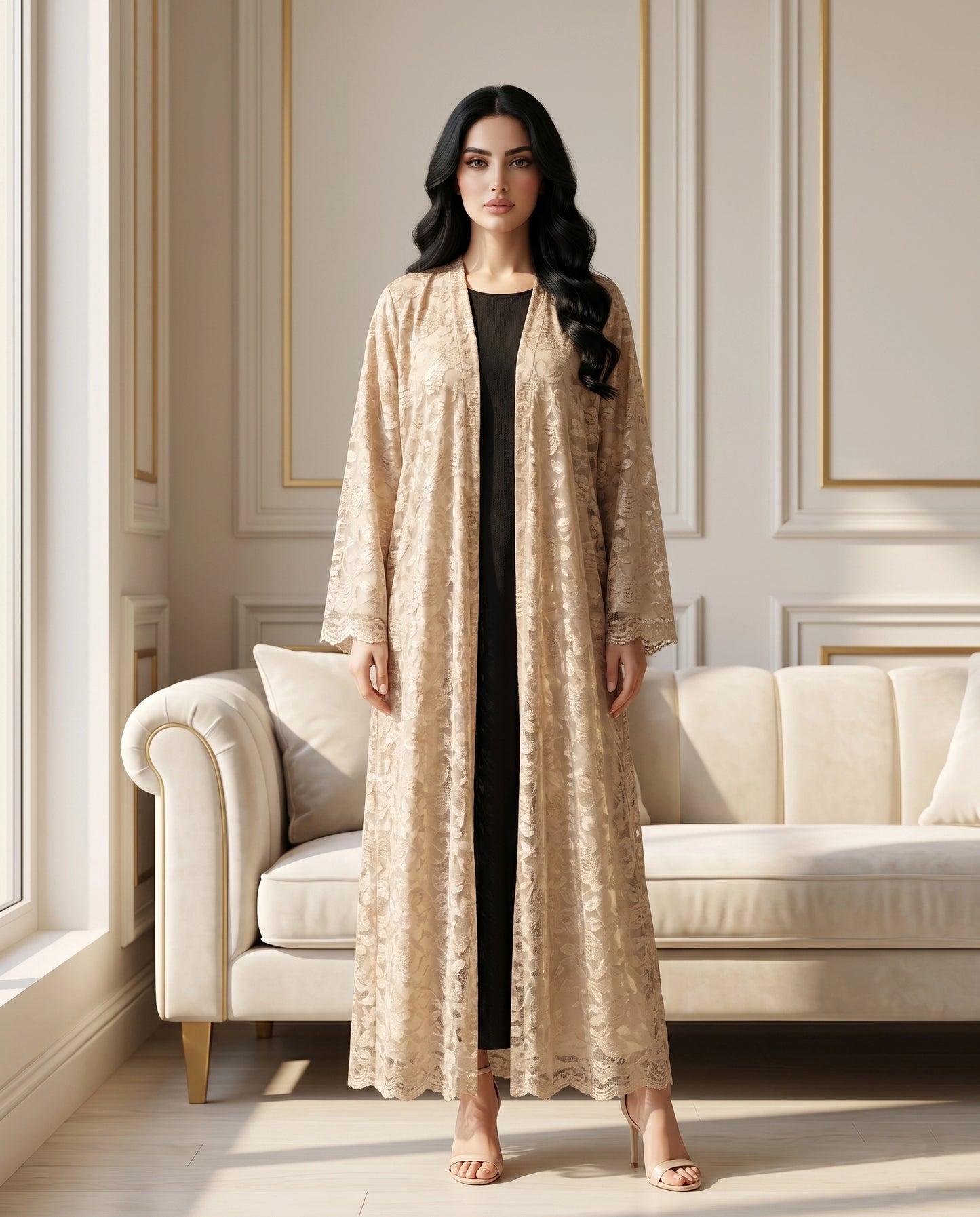 Golden Lace Elegance Lined Abaya