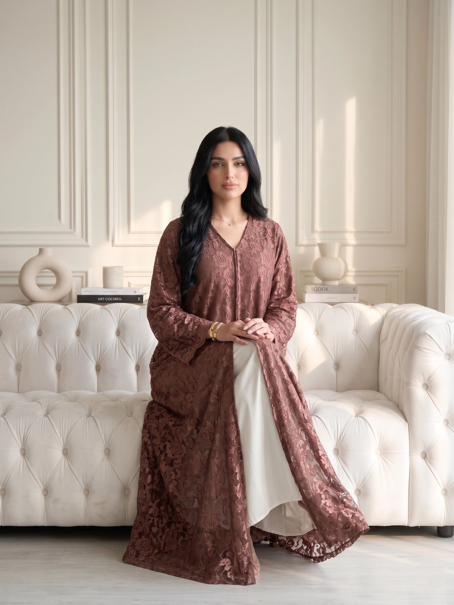 Mocha Veil Lace Abaya