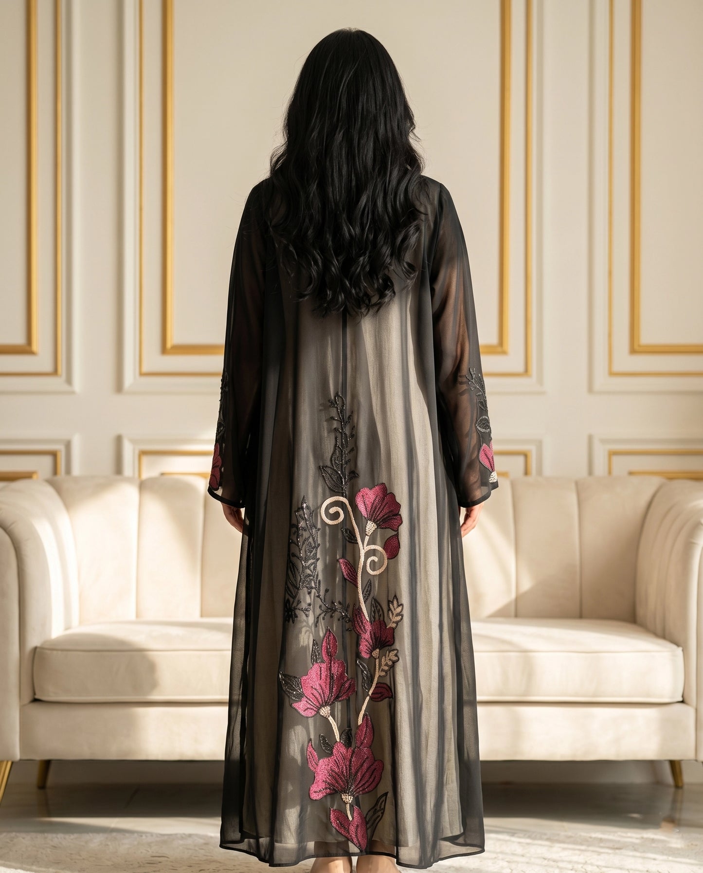 Sheer Noir Floral Chiffon Abaya