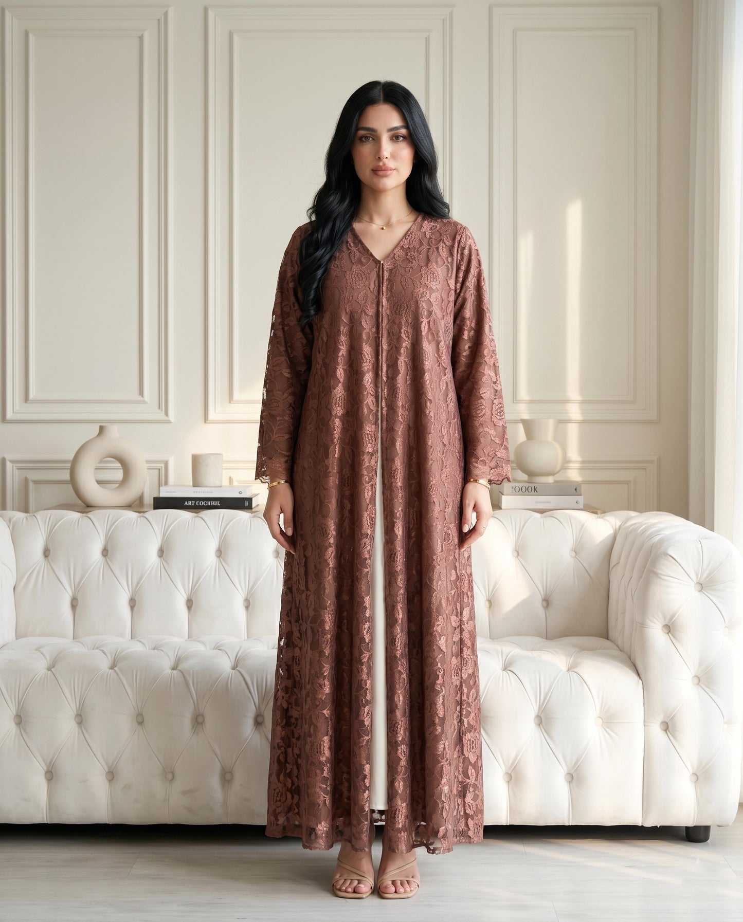 Mocha Veil Lace Abaya