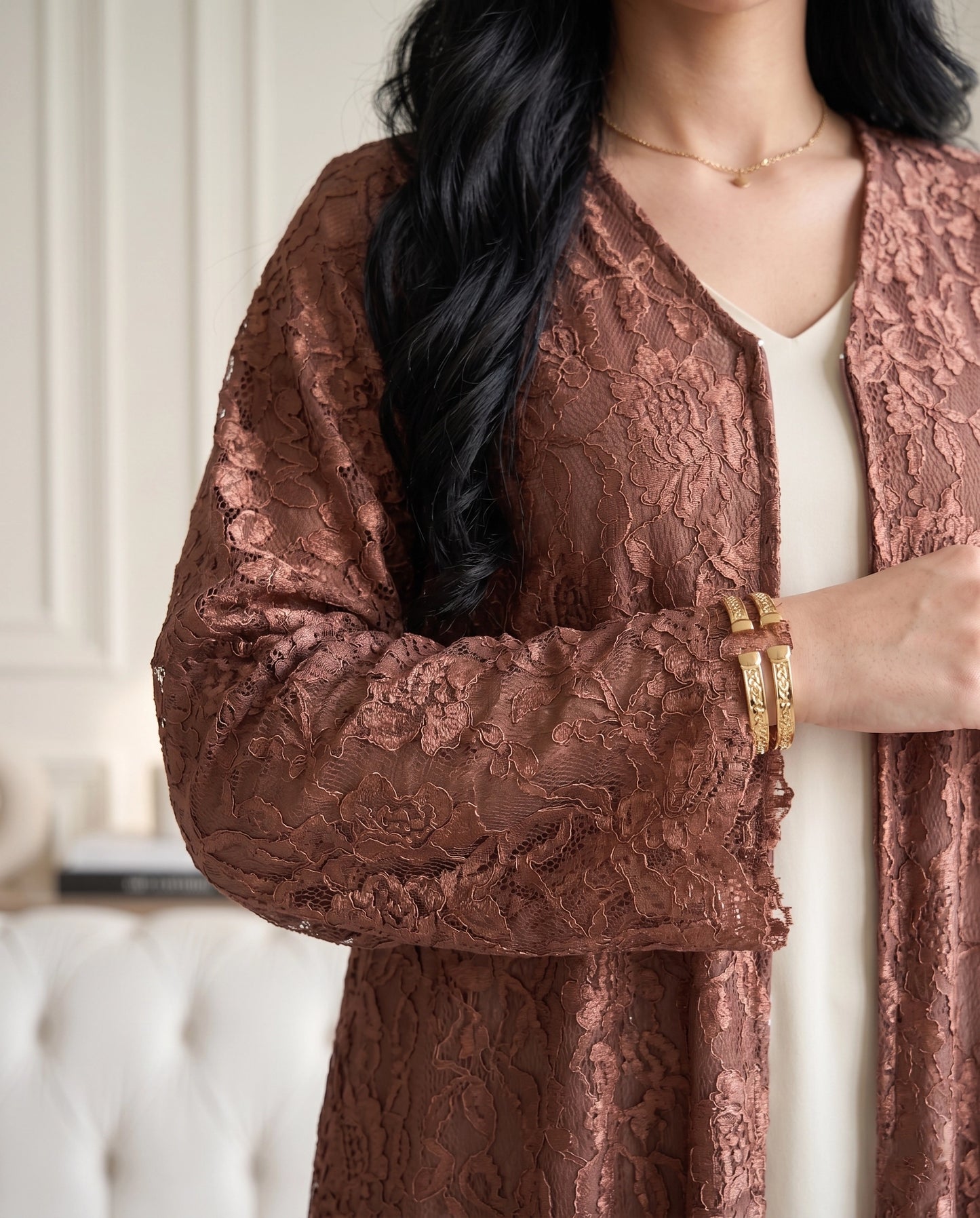 Mocha Veil Lace Abaya