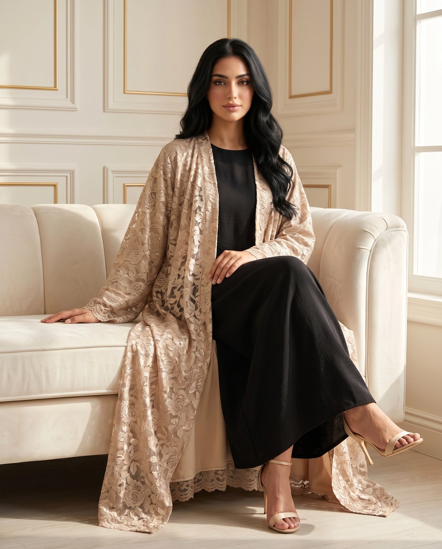 Golden Lace Elegance Lined Abaya